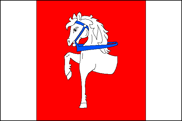 List tvoří tři svislé pruhy - bílý, červený a bílý v poměru 1:3:1. V červeném poli polovina bílého kráčejícího koně s modrou uzdou. Poměr šířky k délce listu je 2:3.