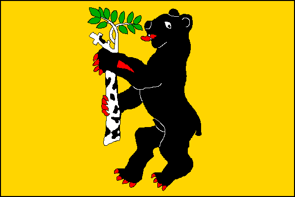 Žlutý list s černým vztyčeným medvědem s červenou zbrojí a sečnou ranou na levé tlapě držící uťatou břízu s bílým kmenem a zelenými listy. Poměr šířky k délce listu je 2:3.