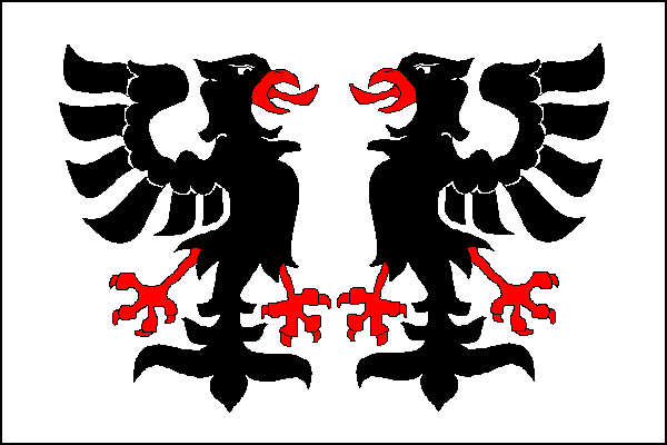Bílý list se dvěma černými orlicemi s červenou zbrojí se zvednutým jedním křídlem, přivrácené k sobě horní částí svých těl. Poměr šířky k délce listu je 2:3.