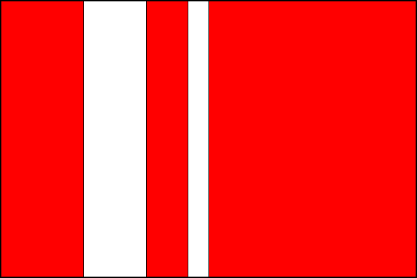Červený list se dvěma bílými svislými pruhy. Poměr vzniklých polí 4:3:2:1:10. Poměr šířky k délce listu je 2:3.
