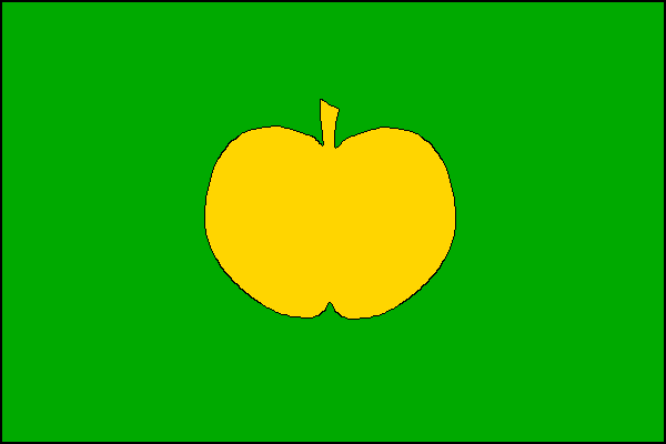 Zelený list se žlutým jablkem. Poměr šířky k délce listu je 2:3.