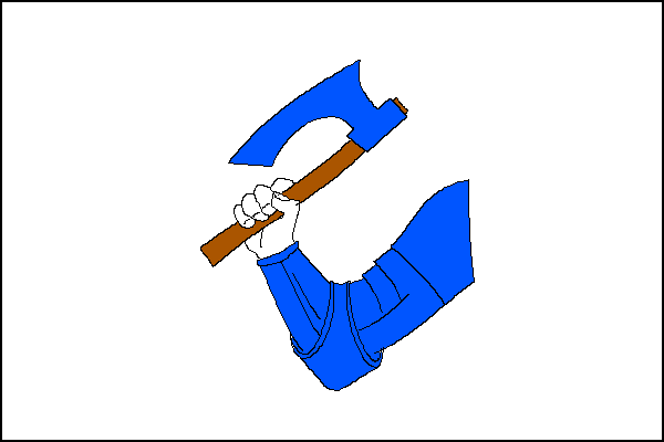 Bílý list s modrou obrněnou paží třímající modrou sekyru. Poměr šířky k délce listu je 2:3.