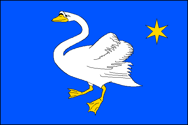 Modrý list s bílou labutí se žlutou zbrojí a žlutou šesticípou hvězdou ve vlajícím horním cípu. Poměr šířky k délce listu je 2:3.
