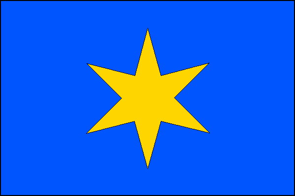 Ve středu modrého listu je položena šesticípá žlutá hvězda. Poměr šířky k délce listu praporu je 2:3.