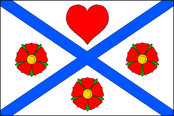 Bílý list s modrým ondřejským křížem s rameny širokými desetinu šířky listu. V žerďovém, dolním a vlajícím poli červená růže se žlutým semeníkem a zelenými kališními lístky, v horním poli červené srdce. Poměr šířky k délce listu je 2:3.
