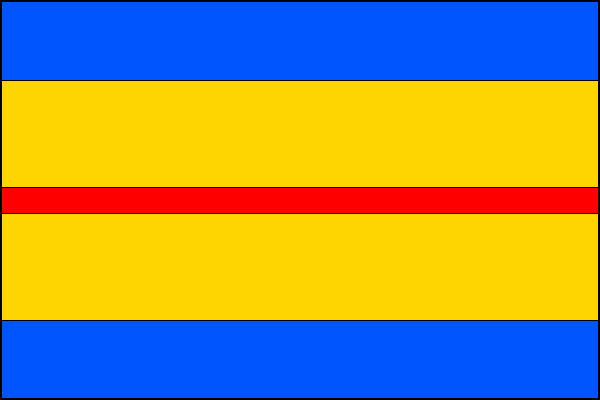 List tvoří pět vodorovných pruhů, modrý, žlutý, červený, žlutý a modrý v poměru 3:4:1:4:3. Poměr šířky k délce je 2:3.