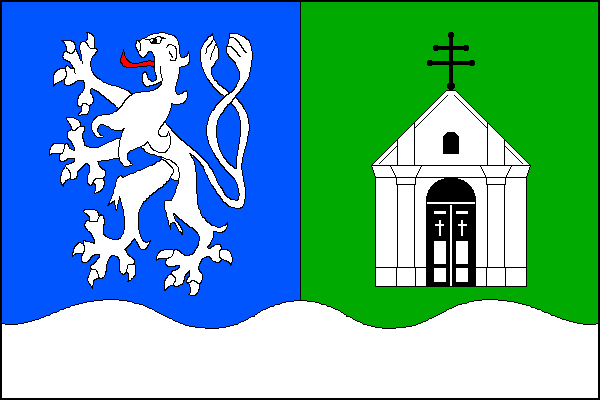 List tvoří dva svislé pruhy, modrý a zelený, a bílý zvlněný vodorovný pruh na dolním okraji široký jednu pětinu šířky listu. V modrém pruhu vzpřímený bílý dvouocasý lev s červeným jazykem. V zeleném pruhu průčelí bílé kaple s černými dveřmi, stanovou stře