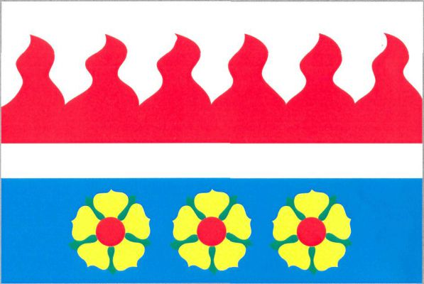 List tvoří čtyři vodorovné pruhy, bílý, plamenný červený, bílý a modrý, v poměru 3 : 1 : 1 : 3. Červený pruh má šest plamenů s vrcholy v první osmině šířky listu. V modrém pruhu vedle sebe tři žluté růže s červenými semeníky a zelenými kališními lístky. P