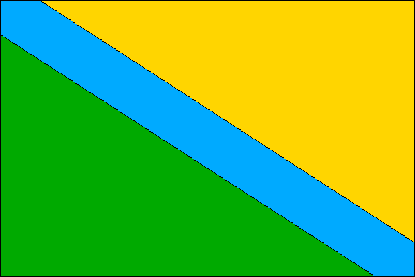 List dělený kosmým světle modrým pruhem širokým jednu pětinu šířky listu na zelené žerďové a žluté vlající pole. Poměr šířky k délce listu je 2:3.