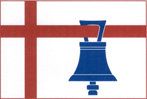 Bílý list s červeným křížem s rameny vycházejícími z třetí osminy šířky listu a třetí dvanáctiny délky listu. Na nejdelším rameni kříže zavěšen modrý zvon. Poměr šířky k délce listu je 2 : 3.