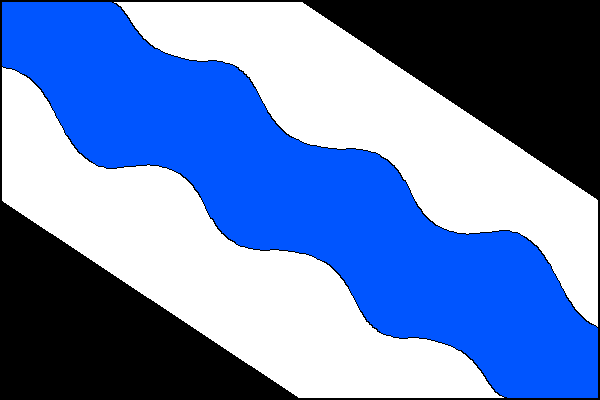 Černý list s kosmým černým pruhem vycházejícím z poloviny šířky a délky listu. V bílém pruhu kosmý modrý vlnitý pruh se čtyřmi vrcholy a čtyřmi prohlubněmi široký jednu třetinu šířky bílého pruhu. Poměr šířky k délce listu je 2:3.