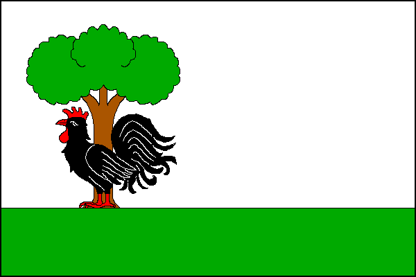 List tvoří dva vodorovné pruhy, bílý a zelený, v poměru 3:1. V žerďové polovině na zeleném pruhu černý kohout s červenou zbrojí, za ním zelený listnatý strom s hnědým kmenem. Poměr šířky k délce listu je 2:3.