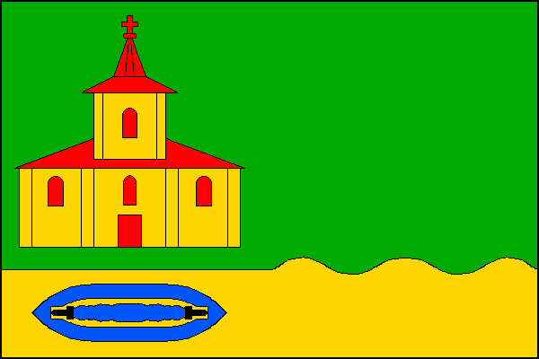 Zelený list se žlutým pruhem na dolním okraji, širokým čtvrtinu šířky listu, ve vlající polovině zvlněným se třemi vrcholy a dvěma prohlubněmi. V žerďové polovině zeleného pole žluté průčelí kostela s červenými dveřmi a třemi červenými obloukovými okny ve