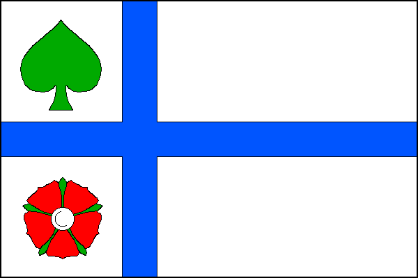 Bílý list s modrým křížem s rameny širokými osminu šířky listu. V karé zelený vztyčený lipový list, pod ním v dolním rohu červená růže s bílým semeníkem a zelenými kališními lístky. Poměr šířky k délce je 2:3.