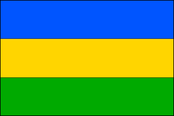 List praporu tvoří tři vodorovné pruhy - modrý, žlutý a zelený. Poměr šířky k délce listu je 2:3.