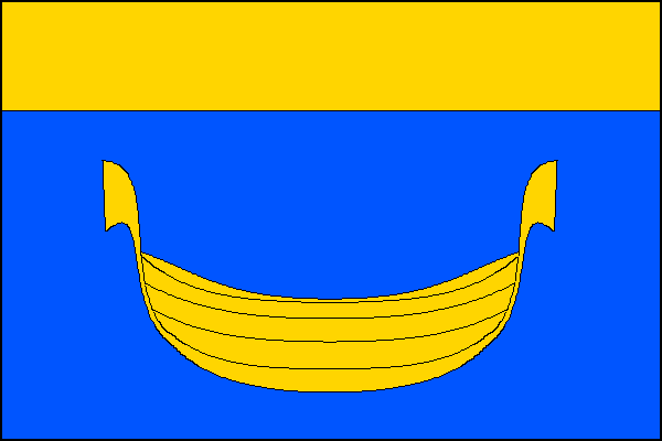 List tvoří dva vodorovné pruhy, žlutý a modrý se žlutou loďkou, v poměru 1:3. Poměr šířky k délce listu je 2:3.