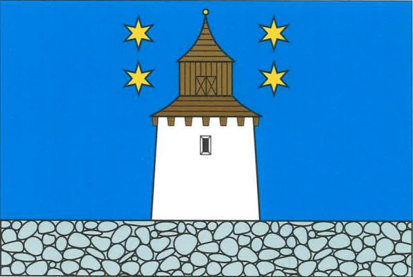 List tvoří dva vodorovné pruhy, modrý a šedý kamenný, v poměru 4 : 1. Uprostřed vyniká bílá věž, široká čtvrtinu délky listu, s černým oknem, s dřevěným zvonovým patrem a stanovou střechou hnědé barvy se žlutou makovicí. Věž nahoře provázena čtyřmi (2, 2)