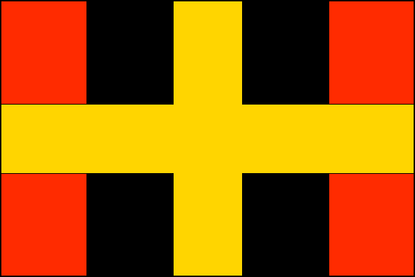List tvoří tři svislé pruhy, červený, černý a červený, v poměru 2:5:2, přes které je položen žlutý středový kříž s rameny širokými jednu šestinu délky listu. Poměr šířky k délce listu je 2:3.