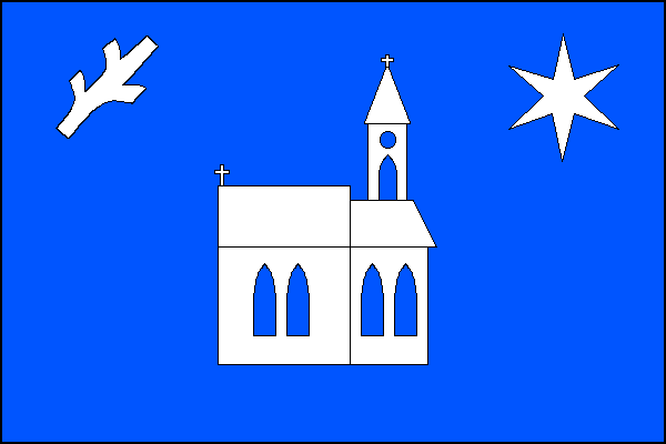 V modrém listu kostel se čtyřmi prázdnými gotickými okny a věží s jedním prázdným gotickým oknem, kruhovým okénkem a stanovou střechou. V horním rohu šikmo položená ostrev se třemi suky, v horním cípu šesticípá hvězda, vše bílé. Poměr šířky k délce listu 