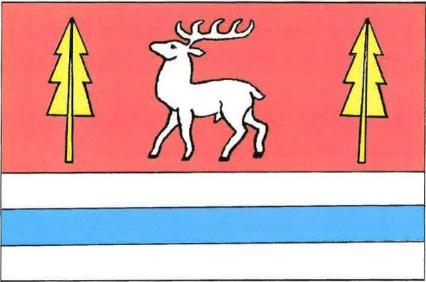 List tvoří čtyři vodorovné pruhy, červený, bílý, modrý a bílý, v poměru 9 : 2 : 2 : 2. V červeném pruhu bílý kráčející jelen mezi dvěma volnými žlutými smrky. Poměr šířky k délce listu je 2 : 3.