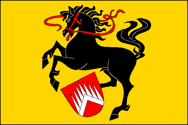 Žlutý list s černým koněm ve skoku s červeným jazykem a uzděním, přidržujícím pravou zadní nohou kosmý červený štítek s bílým hřebenem. Poměr šířky k délce listu je 2:3.