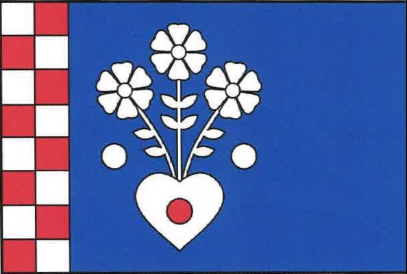 Modrý list s bílo-červeně šachovaným (2 x 8) žerďovým pruhem širokým šestinu délky listu. U pruhu srdce, z něhož vyrůstají tři šestilisté květy na stoncích s listy, provázenými po stranách koulemi, vše bílé. V srdci červená koule. Poměr šířky k délce list