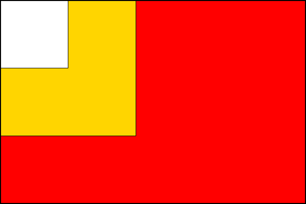 Červený list se žlutým karé širokým dvě třetiny šířky listu; v něm bílé karé, široké jednu třetinu šířky listu. Poměr šířky k délce listu je 2:3.