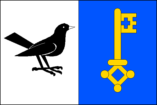List tvoří dva svislé pruhy, bílý s černým ptákem obráceným k vlajícímu okraji a modrý se žlutým klíčem zuby nahoru a k vlajícímu okraji. Poměr šířky k délce listu je 2:3.