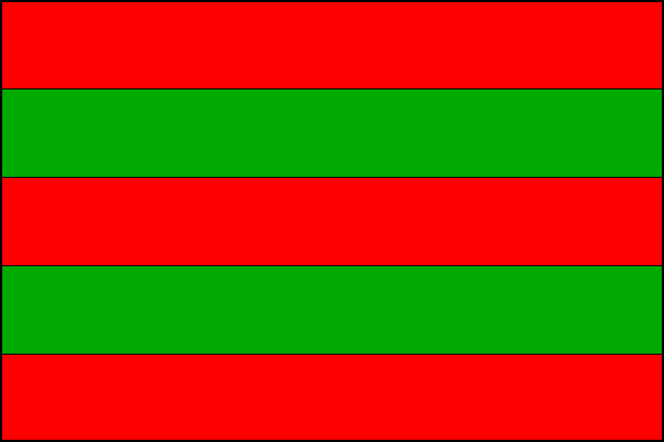 List tvoří pět vodorovných pruhů - červený, zelený, červený, zelený a červený. Poměr šířky k délce listu je 2:3.