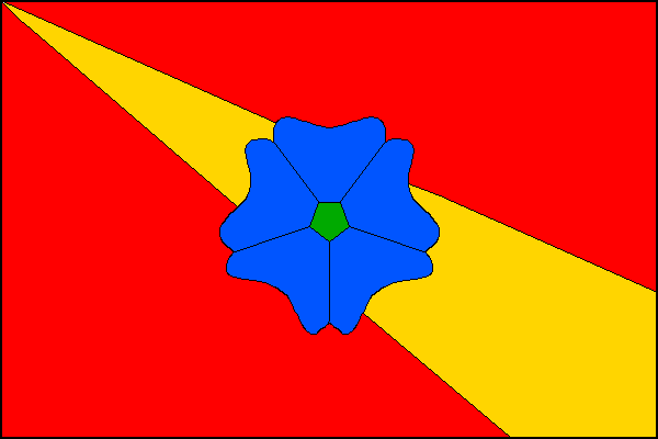 Červený list se žlutým kosmým klínem vycházejícím ze šesté až osmé osminy vlajícího okraje a stejné vzdálenosti na dolním okraji listu a s vrcholem v horním rohu listu. Uprostřed listu modrý květ lnu o průměru rovném polovině šířky listu. Poměr šířky k dé