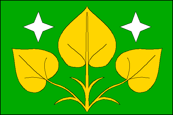 Zelený list, se třemi odkloněnými, dole spojenými žlutými lipovými listy, v horní části mezi listy dvě bílé čtyřcípé hvězdy. Poměr šířky k délce listu je 2:3.