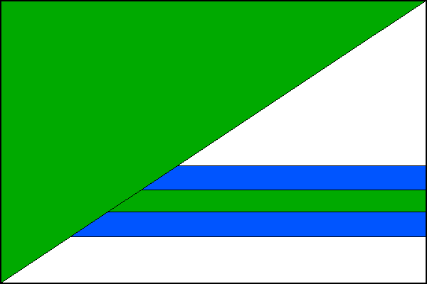 Zeleně-bílo šikmo dělený list; v bílém poli tři vodorovné pruhy, modrý, zelený a modrý, vycházející z osmé, deváté a desáté dvanáctiny vlajícího okraje. Poměr šířky k délce listu je 2:3.