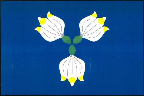 Modrý list se třemi (2, 1) od středu odvrácenými květy bledulí. Poměr šířky k délce listu je 2 : 3.