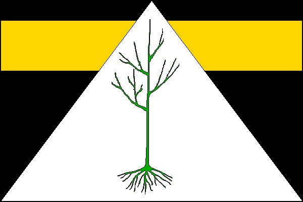 List tvoří tři vodorovné pruhy, černý, žlutý a černý, v poměru 2:5:13, přes které je položen bílý klín vycházející z dolního okraje s vrcholem na středu horního okraje listu. V bílém klínu zelený vykořeněný strom bez listů. Poměr šířky k délce listu je 2: