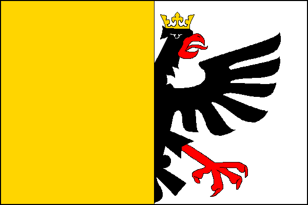 List tvoří žlutá žerďová část, ke které přiléhá polovina černé orlice s červenou zbrojí a žlutou korunou v bílé vlající části. Poměr šířky k délce listu je 2:3.