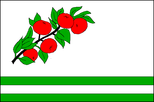 List tvoří čtyři vodorovné pruhy, střídavě bílé a zelené v poměru 9:1:1:1. V žerďové polovině horního pruhu šikmo položená černá větev se zelenými listy a s červenými jablky. Poměr šířky k délce listu je 2:3.