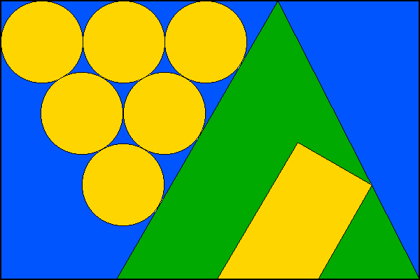 Modrý list se zeleným rovnostranným trojúhelníkem s vrcholy na horním a dolním okraji listu a v dolním cípu. V zeleném trojúhelníku žlutý, šikmo položený pravoúhlý lichoběžník vycházející ze druhé třetiny dolního okraje trojúhelníka a dotýkající se jedním