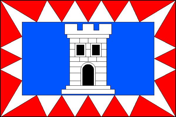 Červený list s bílým kopřivovým listem, na němž je položeno obdélníkové modré pole s bílou kvádrovou věží, s cimbuřím se třemi zuby, černou branou a dvěma okny. Poměr šířky k délce listu je 2:3.