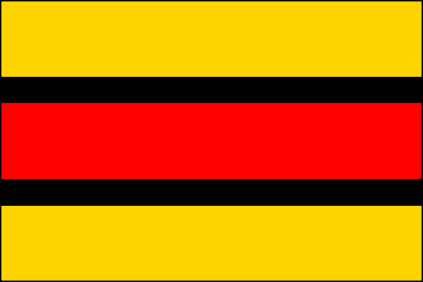List tvoří pět vodorovných pruhů: žlutý, černý, červený, černý a žlutý v poměru 3:1:3:1:3. Poměr šířky k délce listu je 2:3.