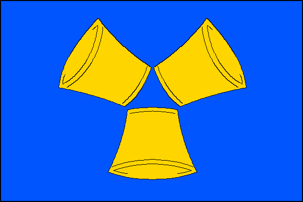 Na modrém listu tři žluté poháry dny k sobě. Osy obou horních pohárů směřují do horního rohu a horního cípu, dolní pohár kolmo k dolnímu okraji listu. Poměr šířky k délce je 2:3.
