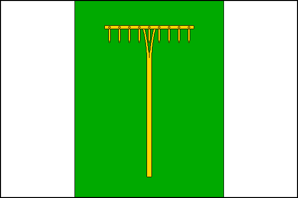 List tvoří tři svislé pruhy - bílý, zelený a bílý v poměru 1:2:1. V zeleném pruhu žluté hrábě. Poměr šířky k délce listu je 2:3.