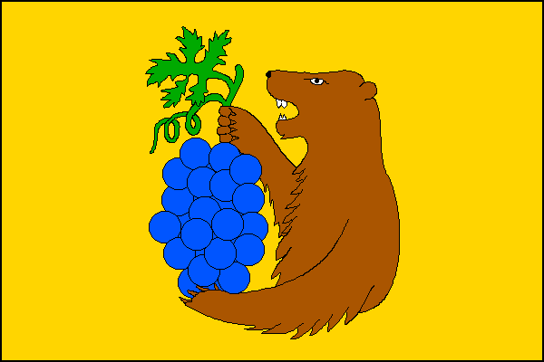 Žlutý list s polovinou hnědého medvěda držícího před sebou modrý vinný hrozen se zeleným stonkem, listem a úponkem. Poměr šířky k délce listu je 2:3.