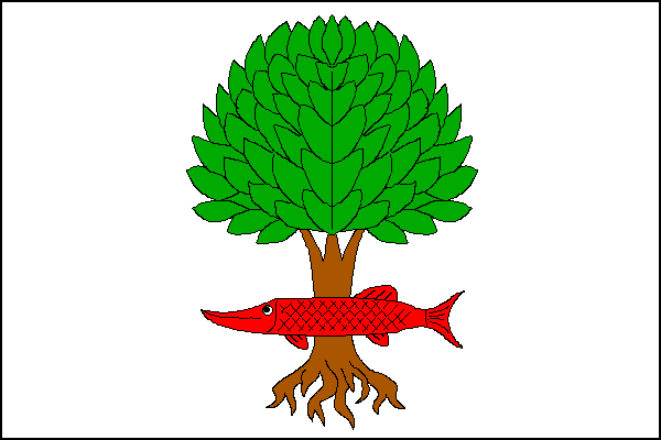 Bílý list se zeleným vykořeněným listnatým stromem, přes kmen vodorovně přeložená červená štika. Poměr šířky k délce listu je 2:3.