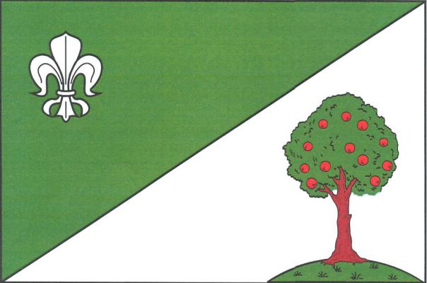 Zeleno - bíle šikmo dělený list. V horním rohu bílá lilie, v dolním cípu na dolním okraji listu zelené návrší s jabloní s červenými jablky a hnědým kmenem. Poměr šířky k délce listu je 2 : 3.