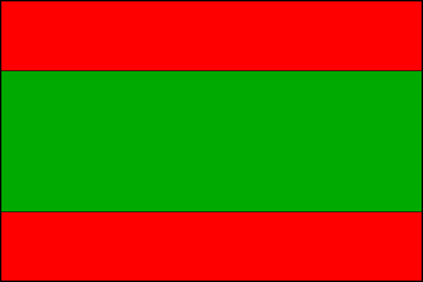List tvoří tři vodorovné pruhy - červený, zelený a červený, v poměru 1:2:1. Poměr šířky k délce listu je 2:3.
