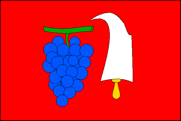 Červený list s modrým vinným hroznem na zelené větévce a s bílým širokým vinařským nožem se žlutou rukojetí. Poměr šířky k délce listu je 2:3.