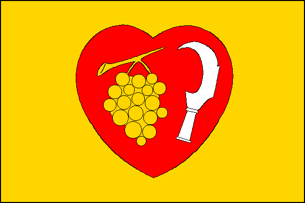 Žlutý list s červeným srdcem, v něm žlutý vinný hrozen na stonku a bílý vinařský nůž-kosíř ostřím k žerdi. Poměr šířky k délce listu je 2:3.