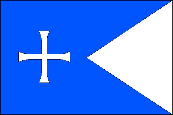 Modrý list s bílým vlajícím klínem s vrcholem ve středu listu. V žerďové polovině volný bílý kříž. Poměr šířky k délce listu je 2:3.