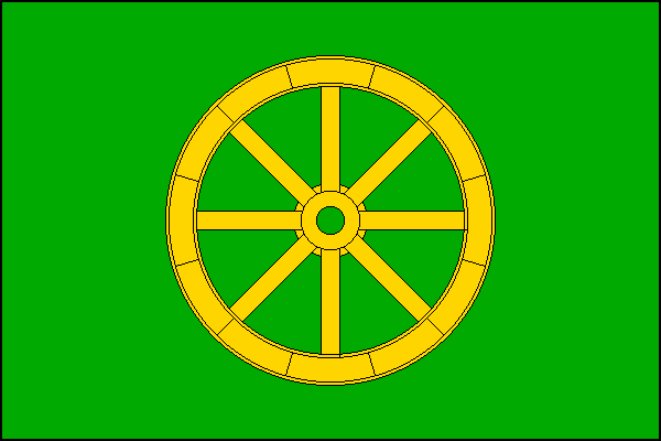 Zelený list se žlutým vozovým kolem o průměru rovném osmi devítinám šířky listu. Poměr šířky k délce listu je 2:3.