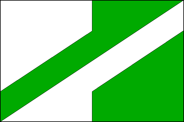 List tvoří dva svislé pruhy, bílý a zelený. Ze čtvrté čtvrtiny žerďového okraje listu vychází šikmý zelený pruh do druhé čtvrtiny žerďového okraje zeleného pruhu. Ze třetí čtvrtiny vlajícího okraje bílého pruhu vychází šikmý bílý pruh do první čtvrtiny vl